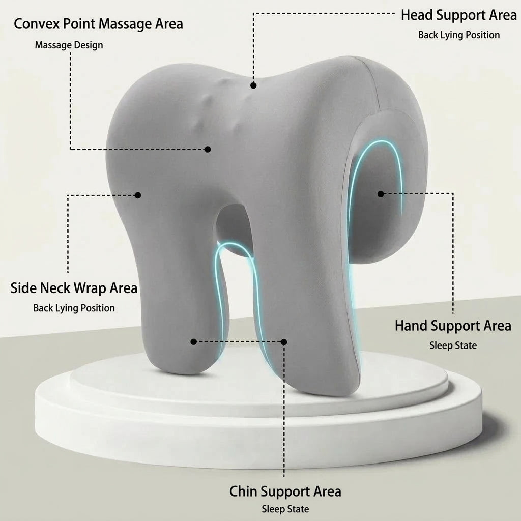 An ergonomic grey memory foam neck pillow with labelled massage zones and support areas for the head, neck, and chin.