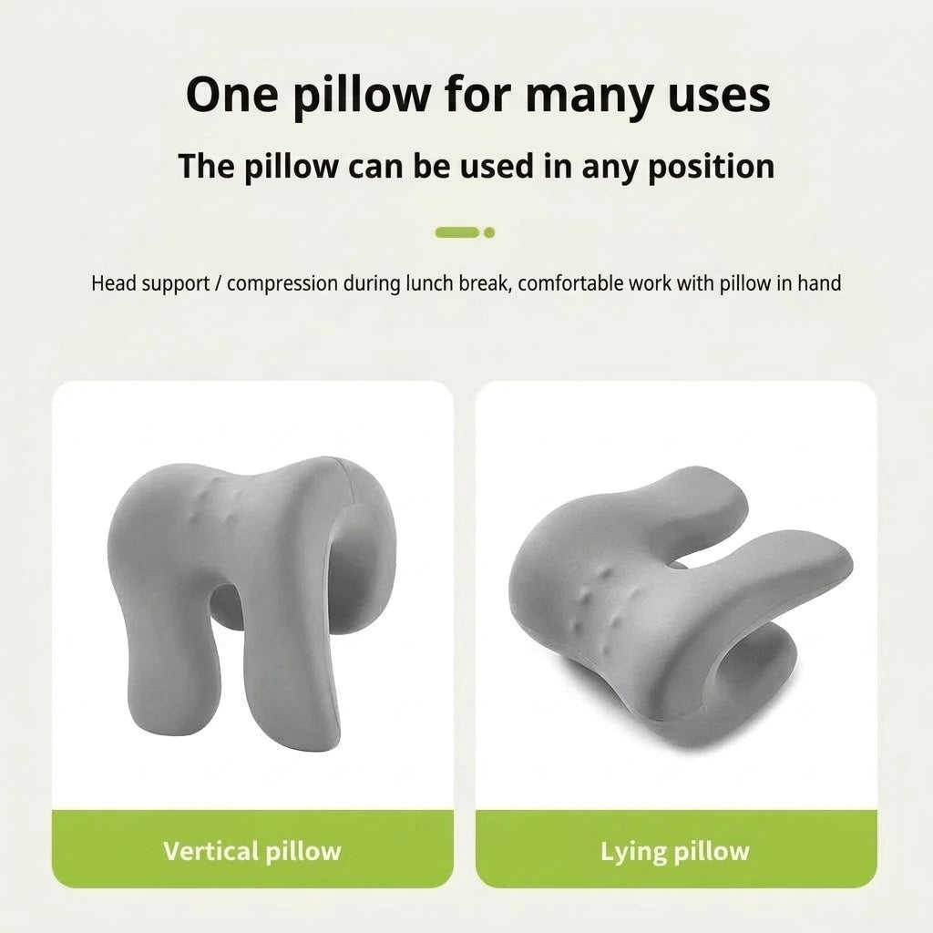 A versatile grey memory foam pillow shown in vertical and horizontal positions for head support or comfortable desk work.