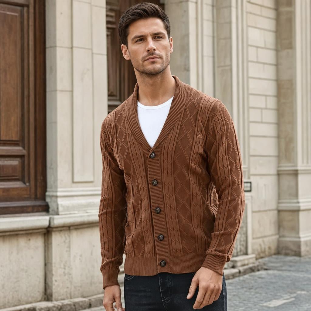 Men's Cable Knit Cardigan – Shawl Collar V-Neck Sweater - We are MFEO