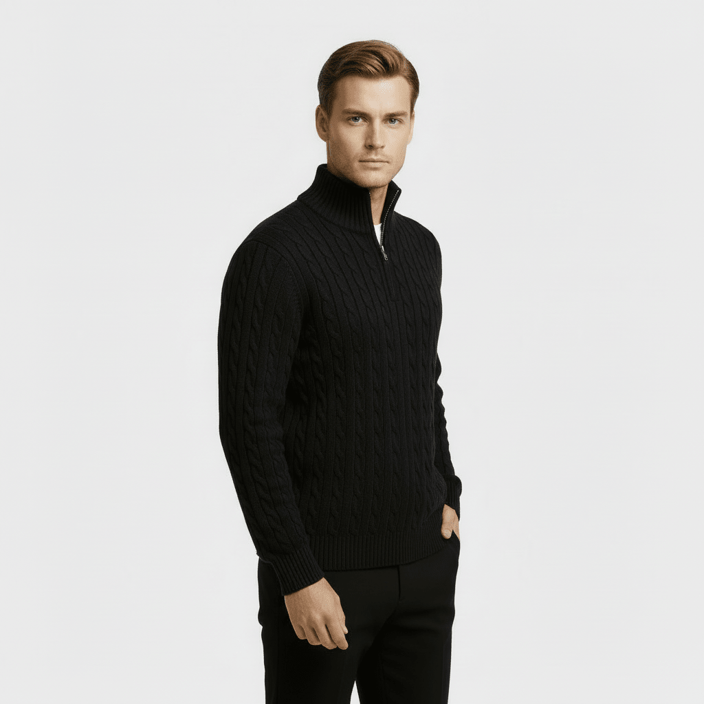 Men's Cable Knit Jumper – Quarter Zip Design with Stand Collar - We are MFEO