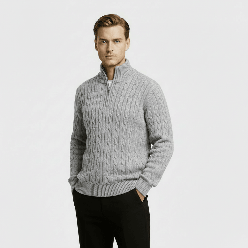 Men's Cable Knit Jumper – Quarter Zip Design with Stand Collar - We are MFEO