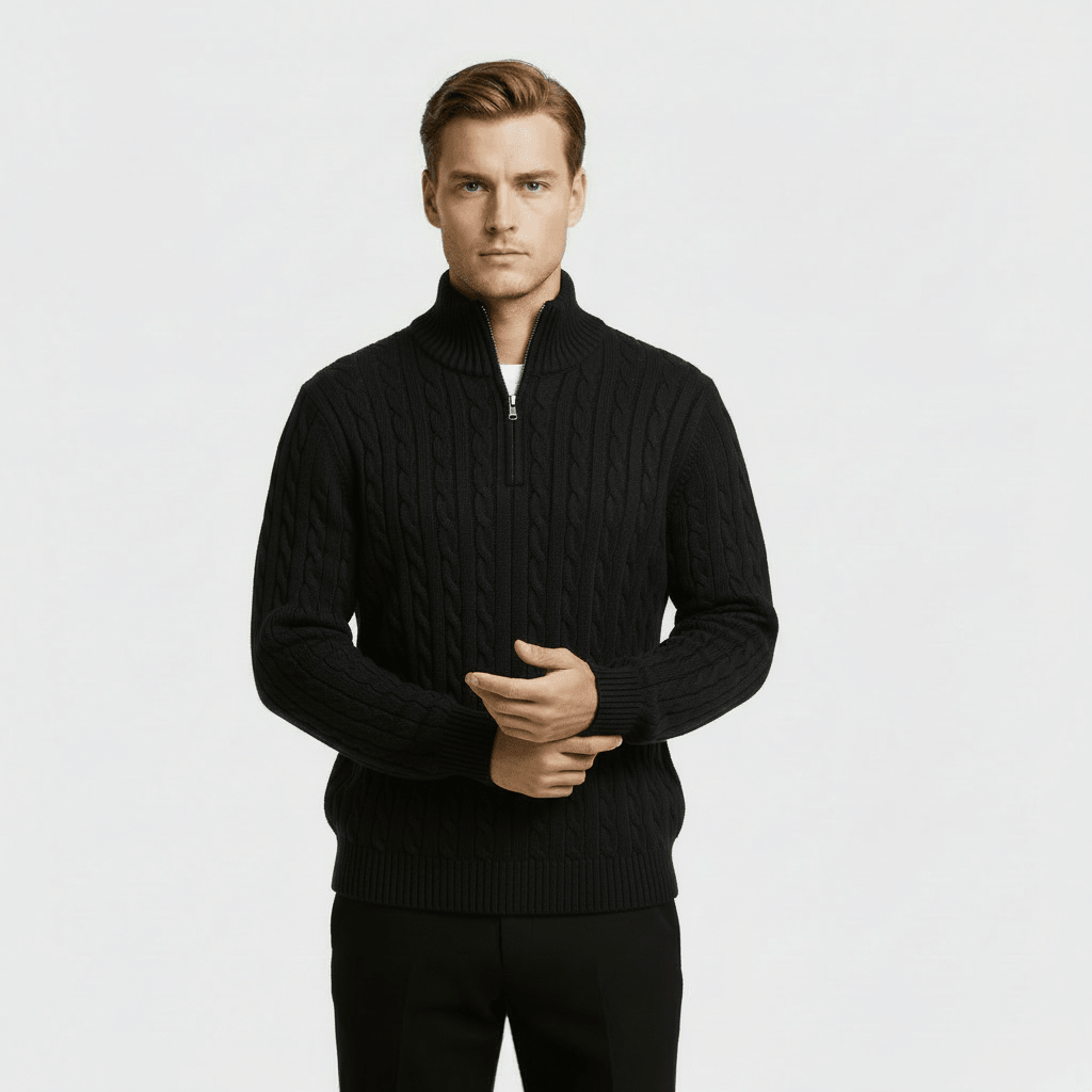 Men's Cable Knit Jumper – Quarter Zip Design with Stand Collar - We are MFEO
