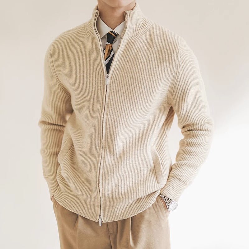 Men's Cardigan Sweater – Slim Fit with Stand Collar and Zipper Front, Ribbed Knit Design - We are MFEO