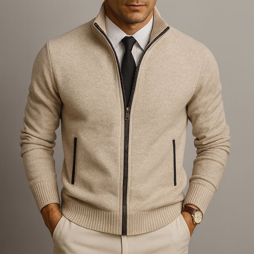 Men's Cardigan Sweater Zip-Up with Stand Collar – Ribbed Hem and Pockets for Casual Wear - We are MFEO