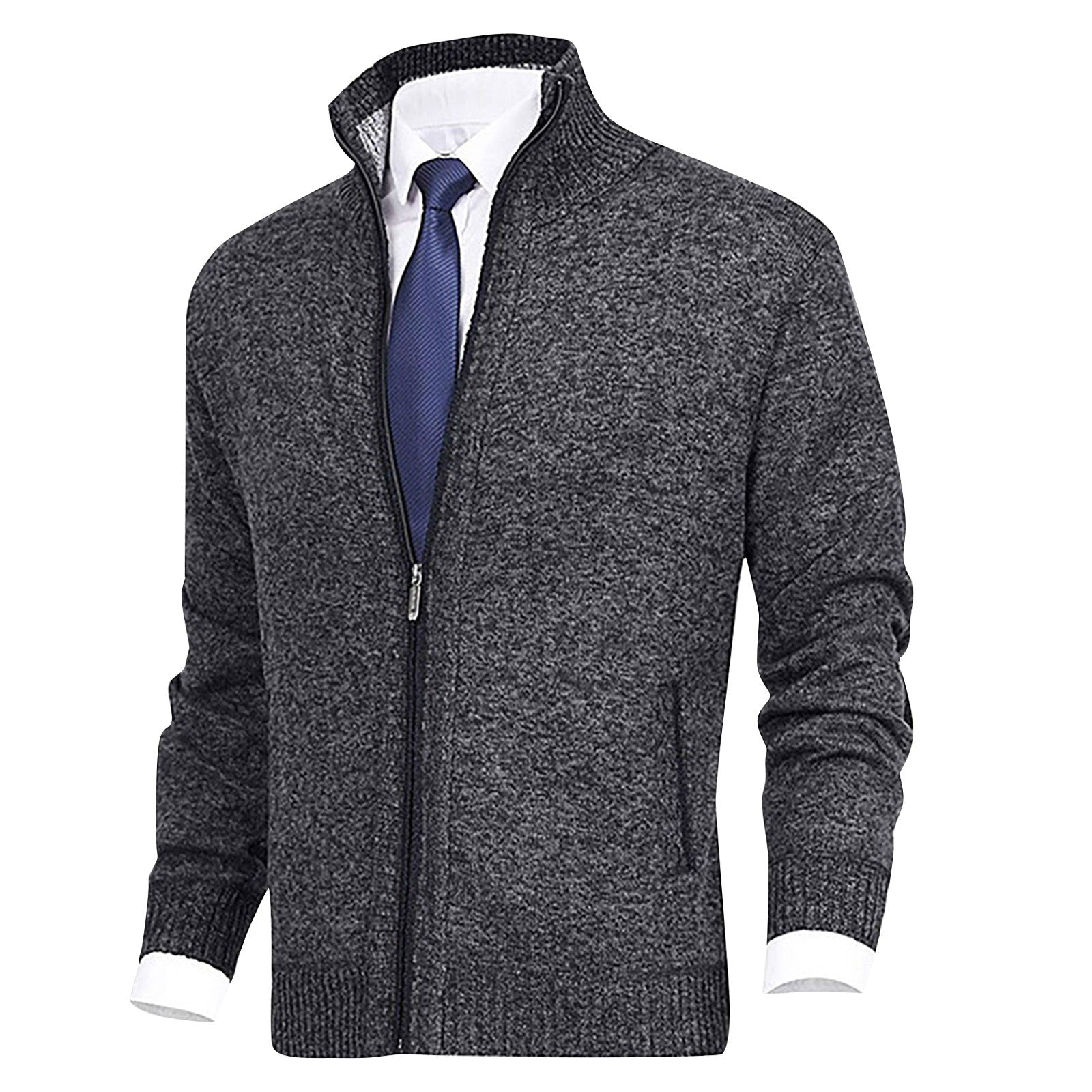 Men's Cardigan Sweater Zip - Up with Stand Collar – Ribbed Hem and Pockets for Casual Wear - We are MFEO