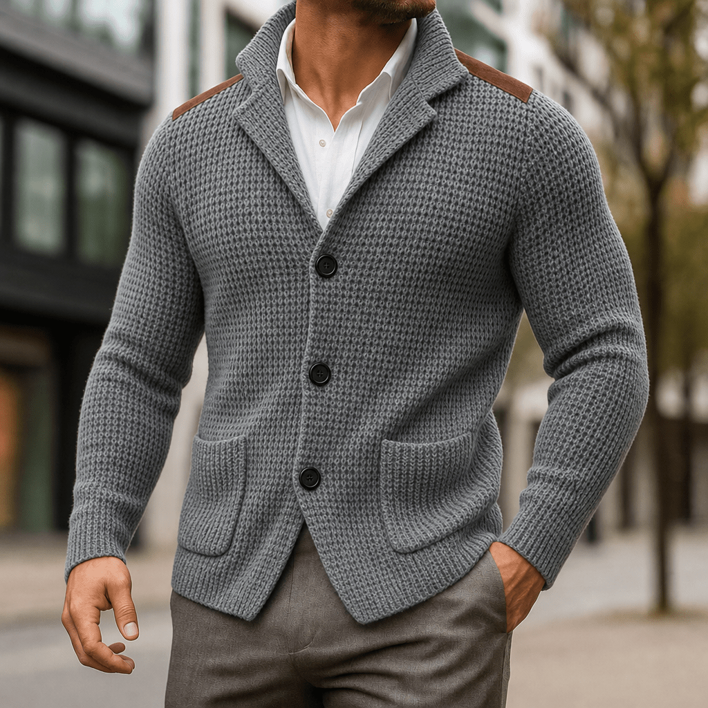Men's Cardigan with Button Front, Knit Structure, and Patch Pockets - We are MFEO