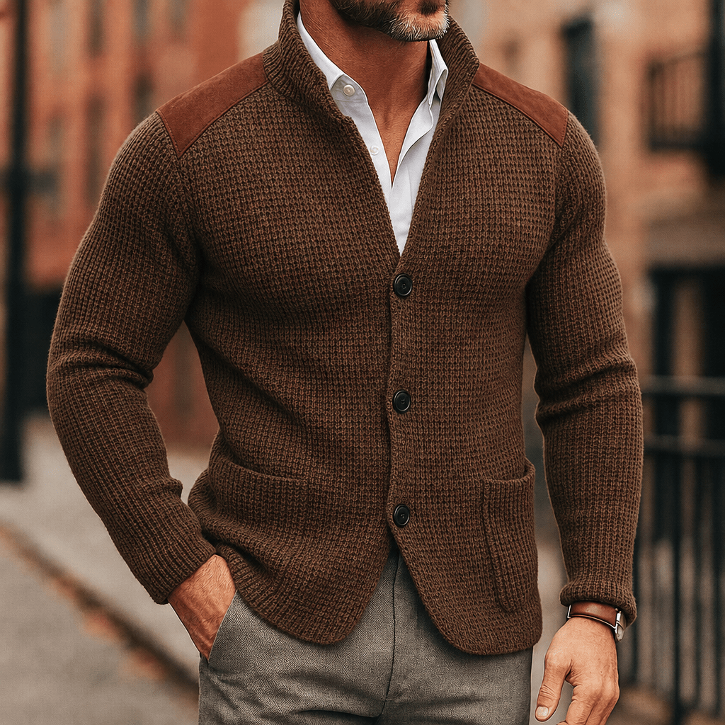 Men's Cardigan with Button Front, Knit Structure, and Patch Pockets - We are MFEO