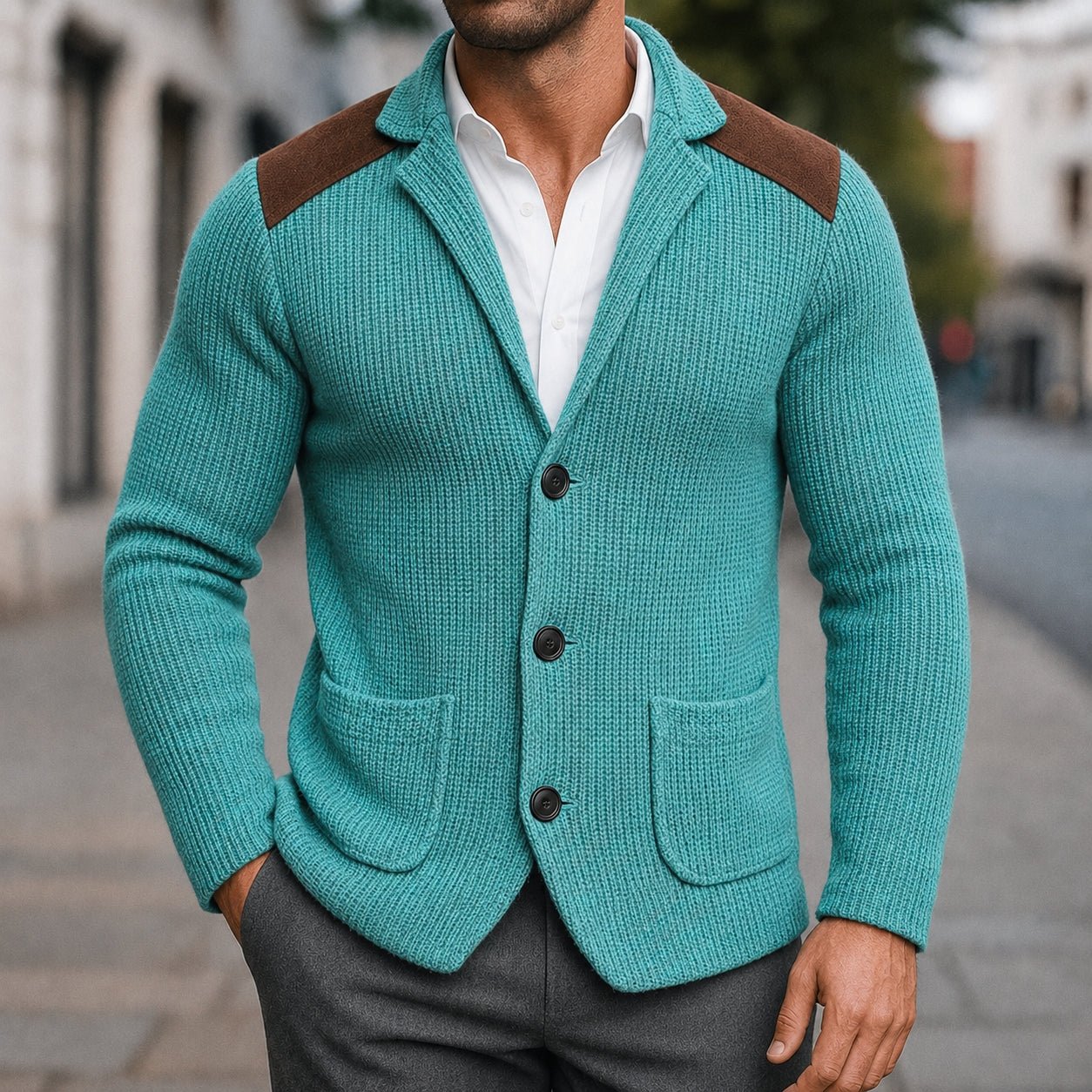 Men's Cardigan with Button Front, Knit Structure, and Patch Pockets - We are MFEO