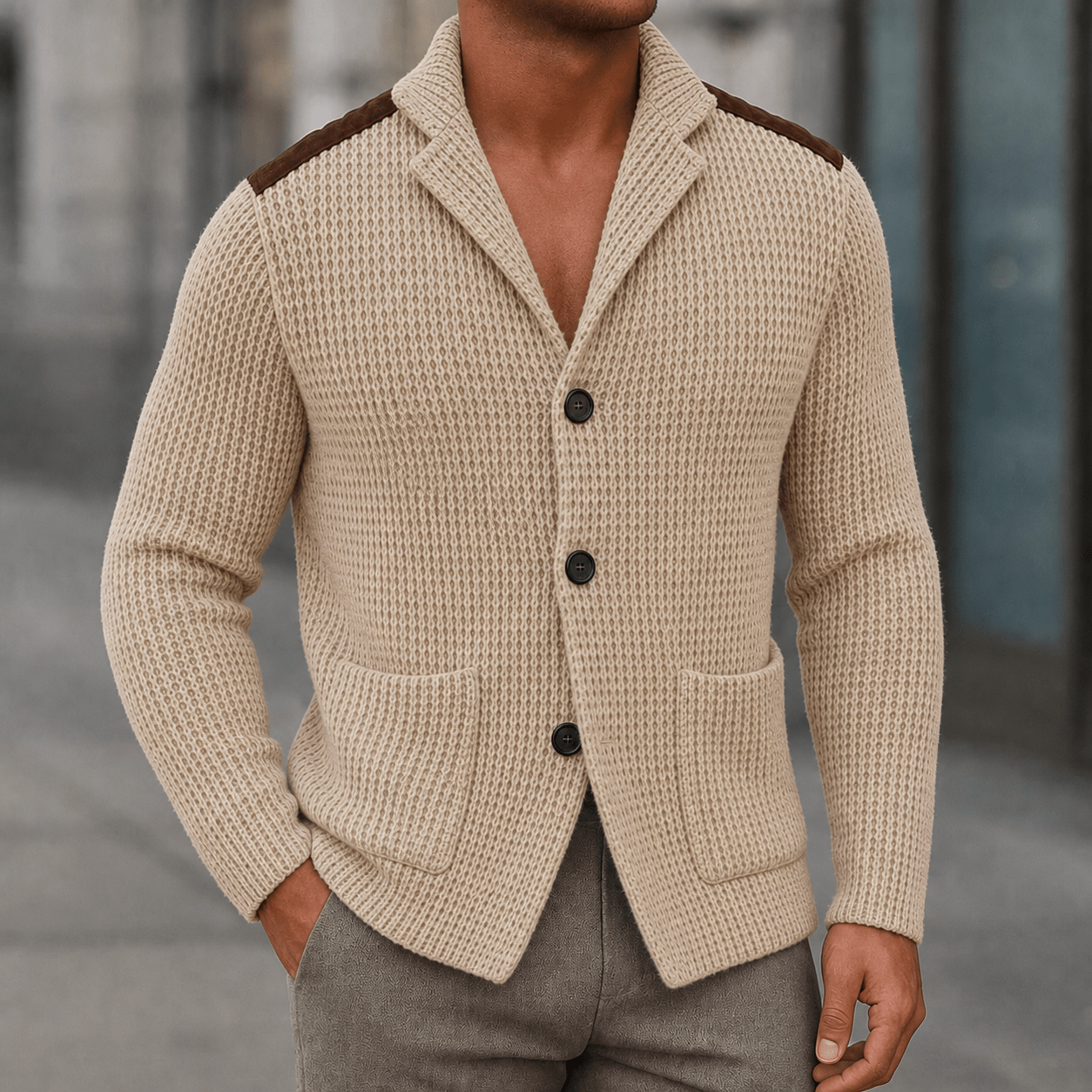 Men's Cardigan with Button Front, Knit Structure, and Patch Pockets - We are MFEO