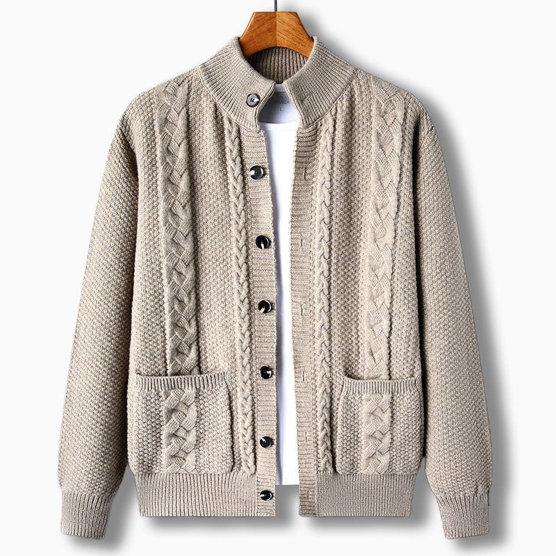 Men's Cardigan with Cable Knit Design – Stand Collar and Front Pockets - We are MFEO