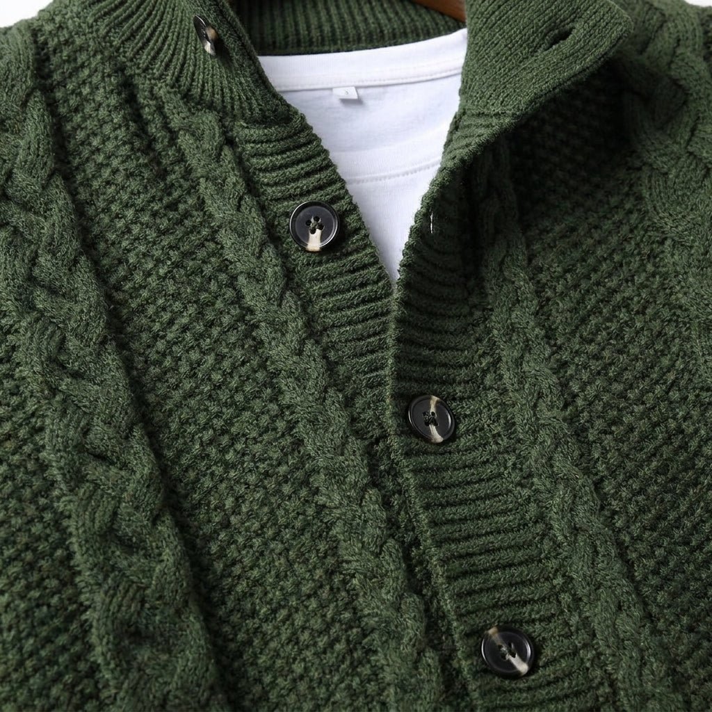 Men's Cardigan with Cable Knit Design – Stand Collar and Front Pockets - We are MFEO