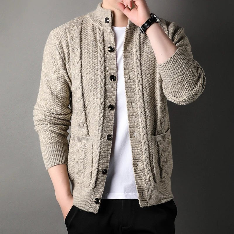 Men's Cardigan with Cable Knit Design – Stand Collar and Front Pockets - We are MFEO