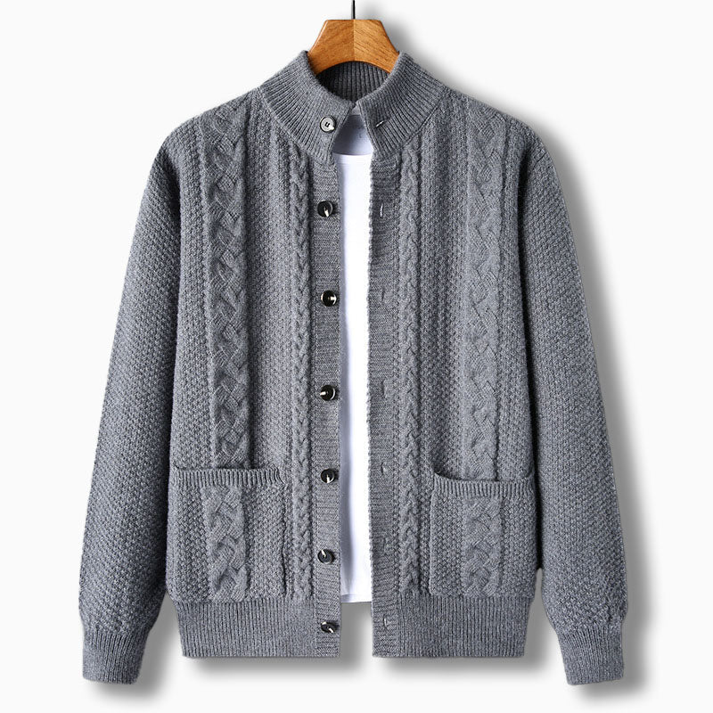 Men's Cardigan with Cable Knit Design – Stand Collar and Front Pockets - We are MFEO