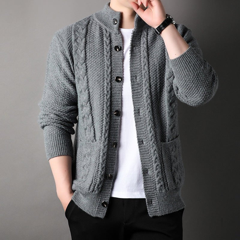 Men's Cardigan with Cable Knit Design – Stand Collar and Front Pockets - We are MFEO