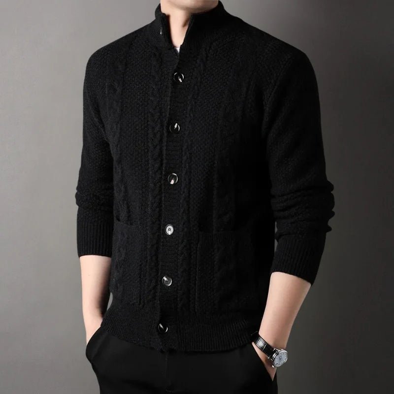 Men's Cardigan with Cable Knit Design – Stand Collar and Front Pockets - We are MFEO