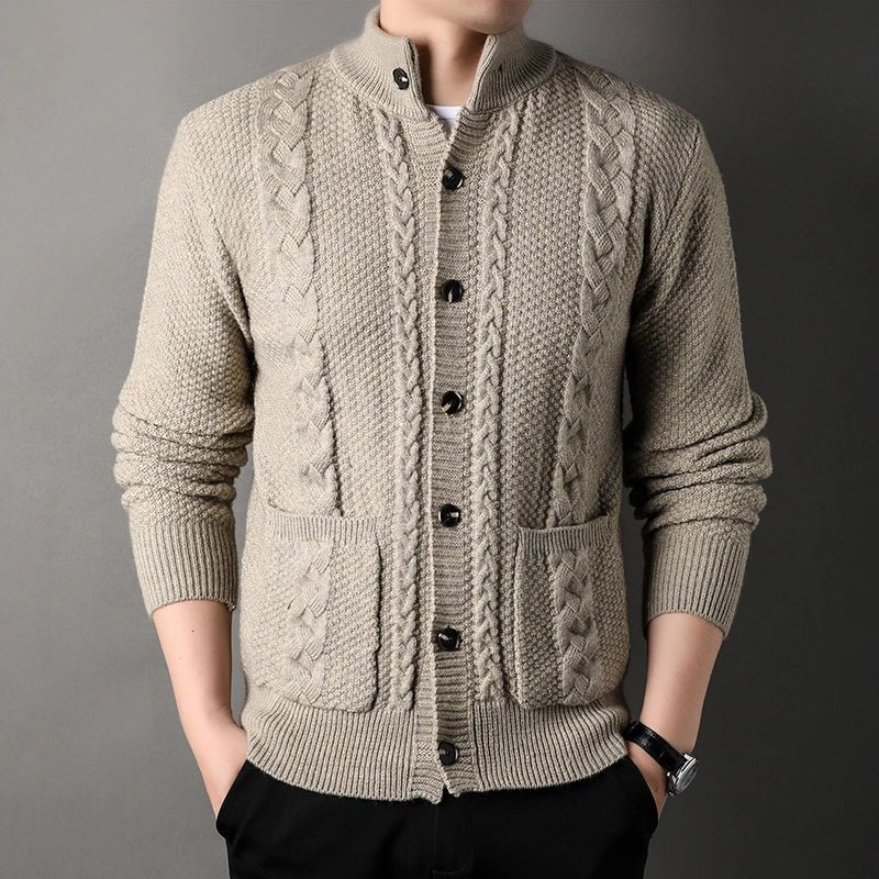 Men's Cardigan with Cable Knit Design – Stand Collar and Front Pockets - We are MFEO