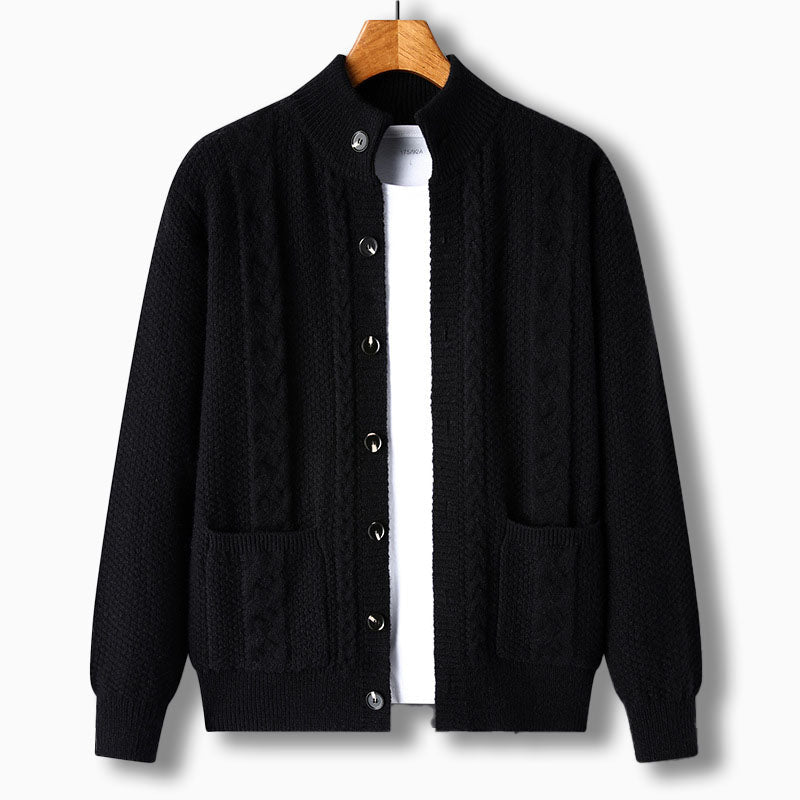 Men's Cardigan with Cable Knit Design – Stand Collar and Front Pockets - We are MFEO