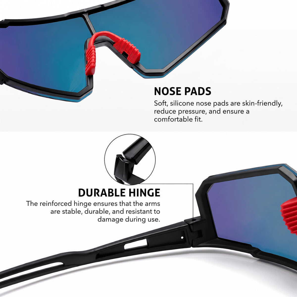 Close-up of cycling sunglasses highlighting the soft silicone nose pads and the durable, reinforced hinge mechanism.