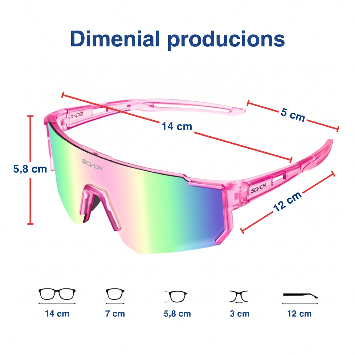 A diagram showing the dimensions of pink cycling sunglasses, with measurements in centimetres for the frame and lenses.