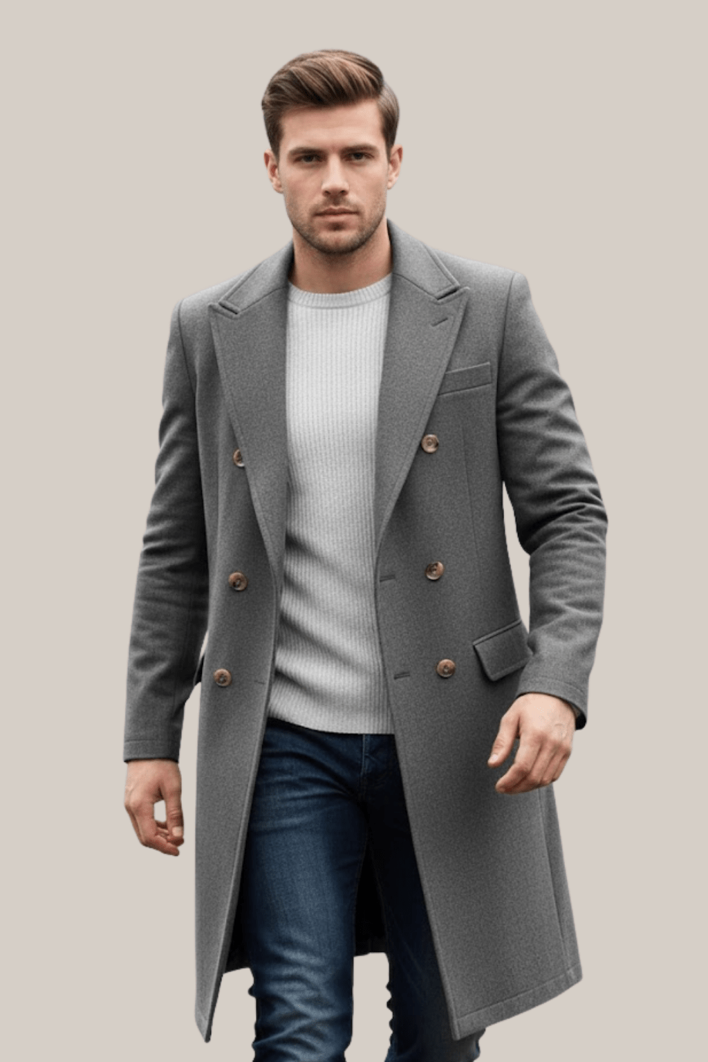 Men's Double-Breasted Long Coat – Tailored Fit with Structured Lapels for Smart Casual and Formal Wear - We are MFEO