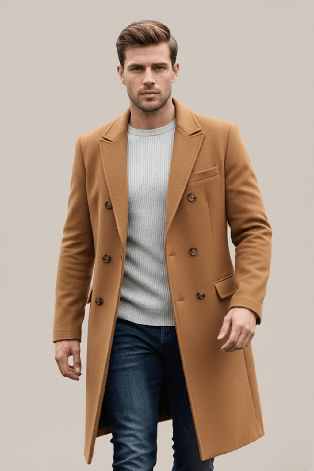 Men's Double-Breasted Long Coat – Tailored Fit with Structured Lapels for Smart Casual and Formal Wear - We are MFEO