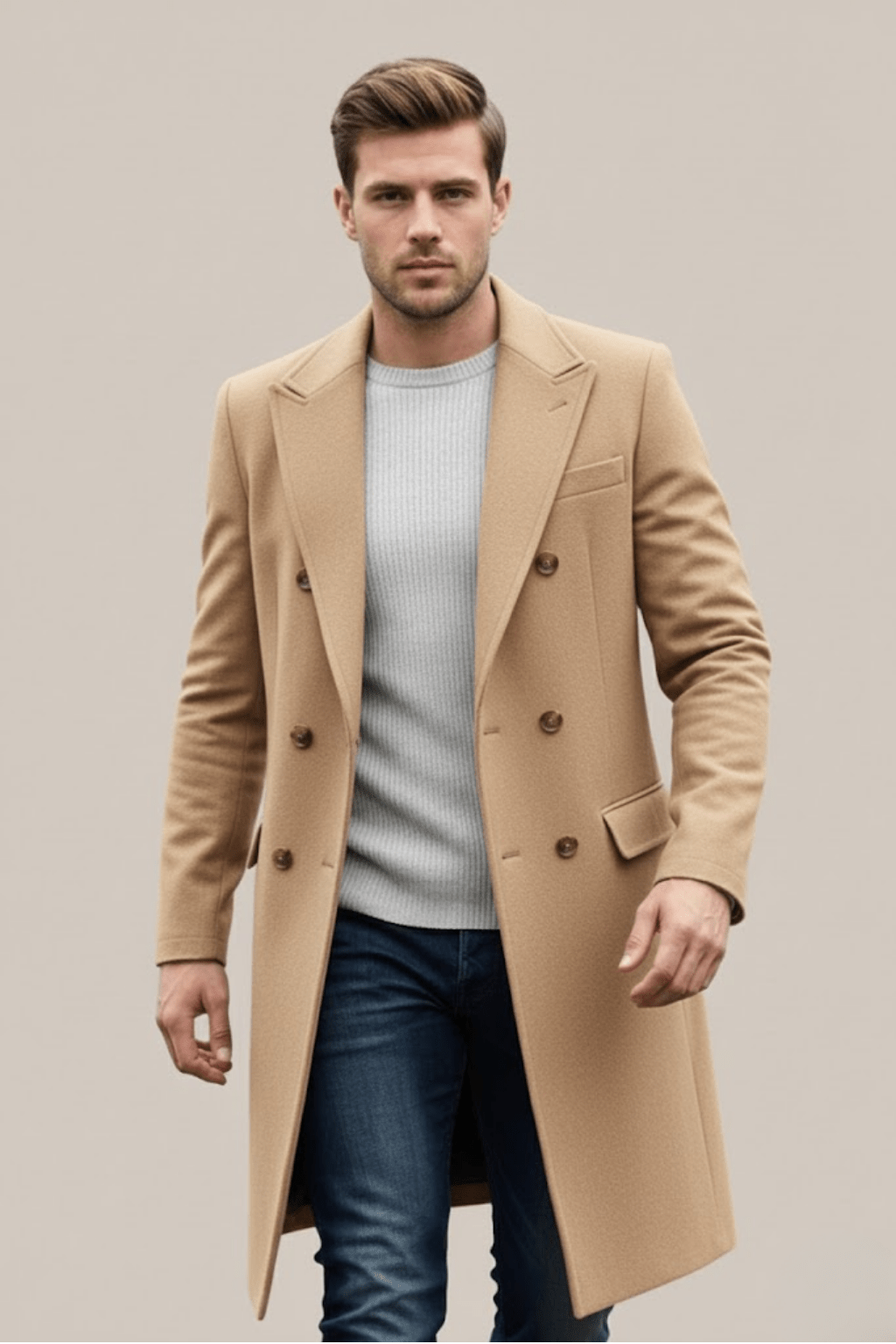 Men's Double-Breasted Long Coat – Tailored Fit with Structured Lapels for Smart Casual and Formal Wear - We are MFEO