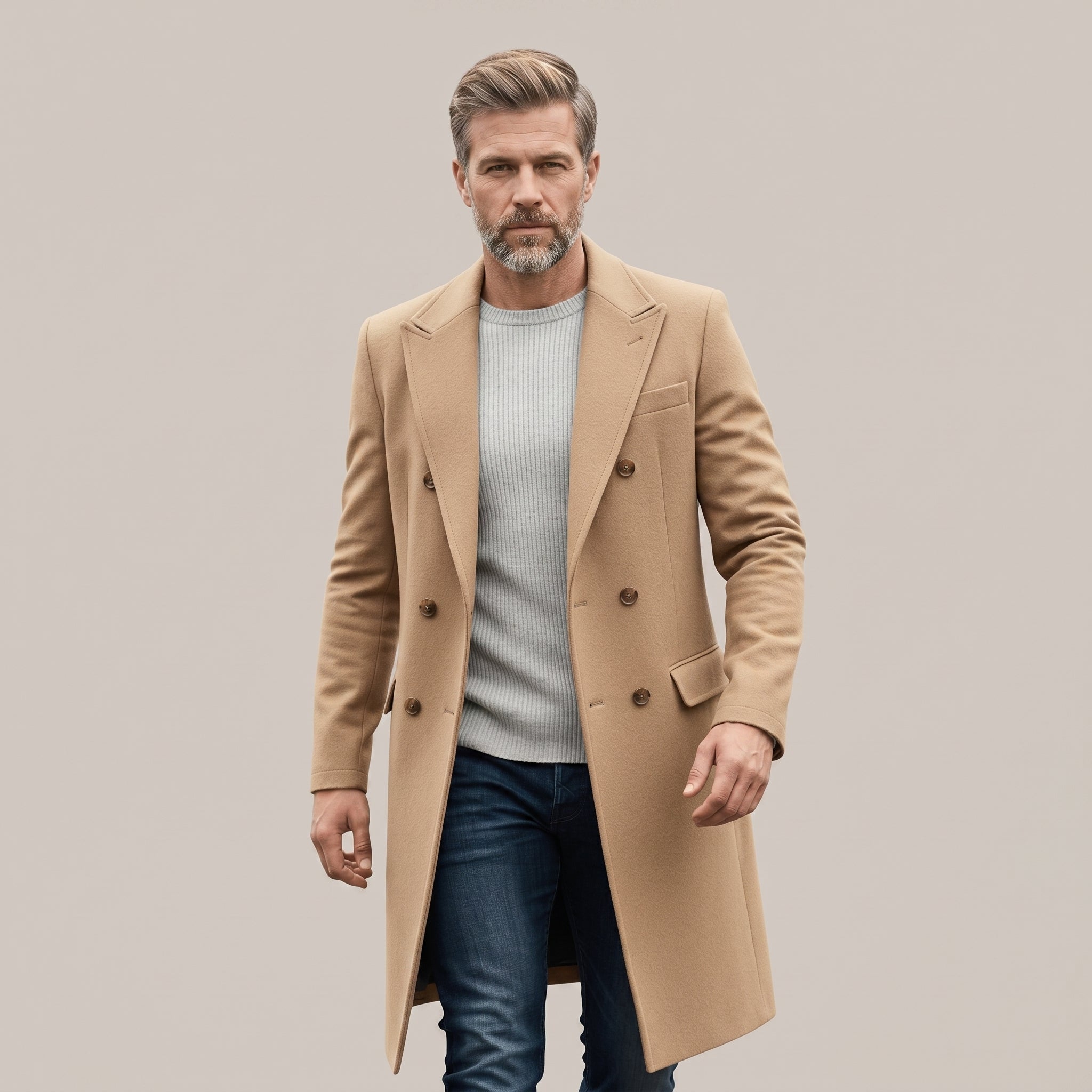 Men's Double-Breasted Long Coat – Tailored Fit with Structured Lapels for Smart Casual and Formal Wear - We are MFEO