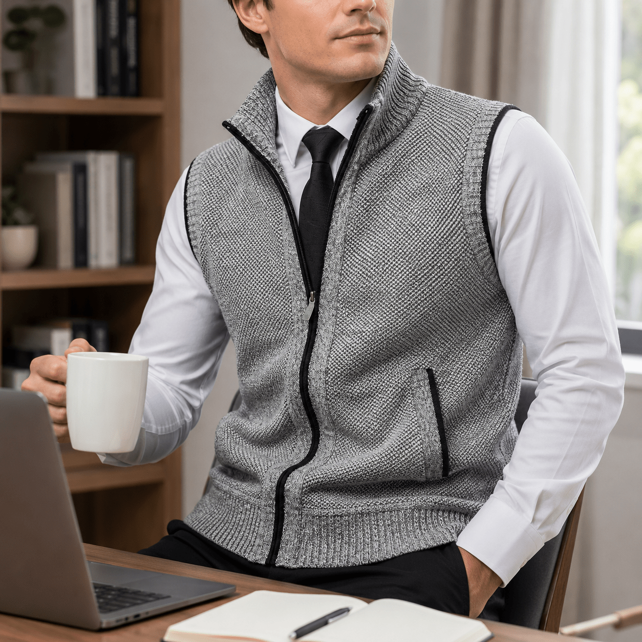 Men's Gilet for Autumn – Zip Knit Mock Neck Sweater Vest with Zipped Side Pockets - We are MFEO