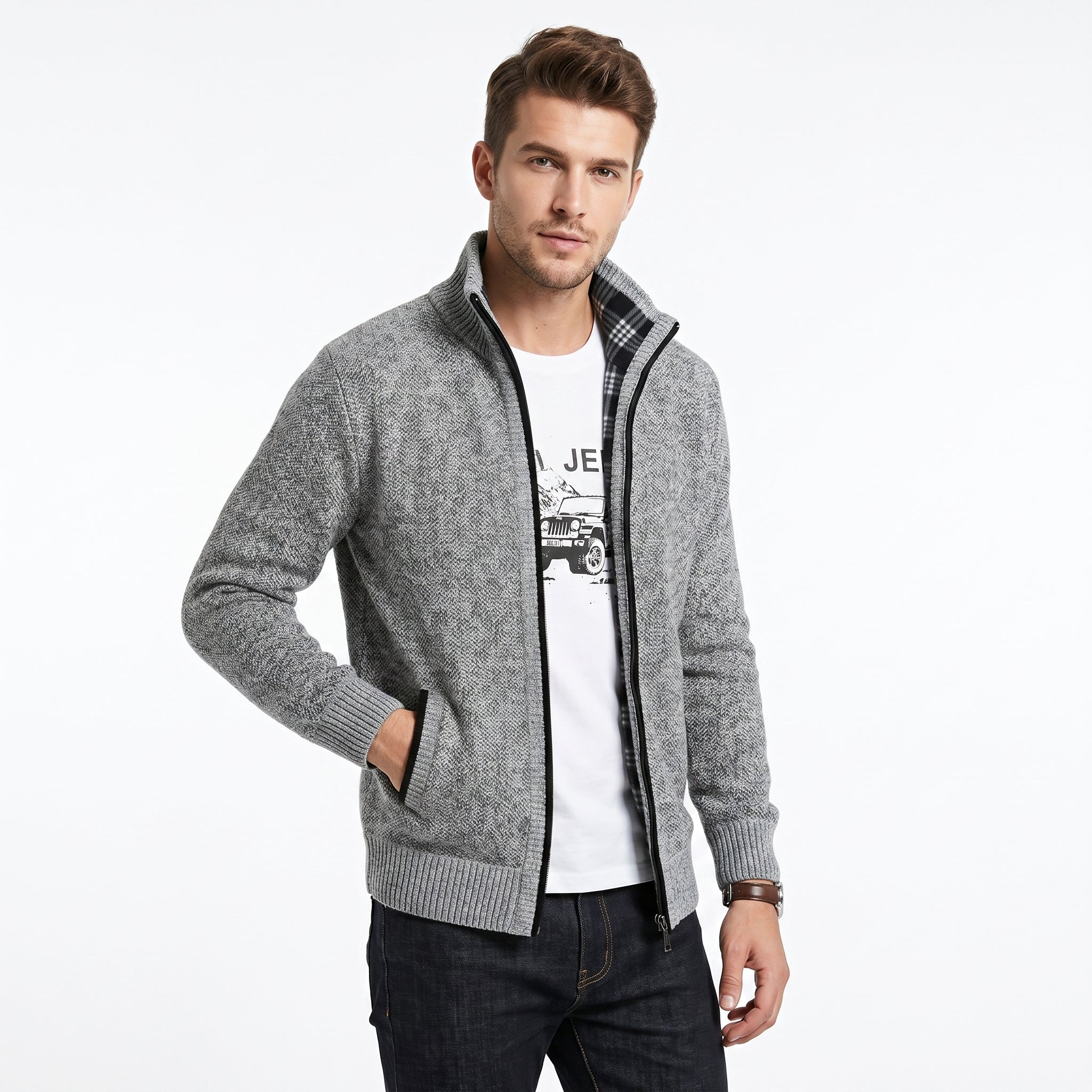 Men's Knitted Cardigan Sweater with Mock Neck – Full-Length Zip and Front Pockets - We are MFEO