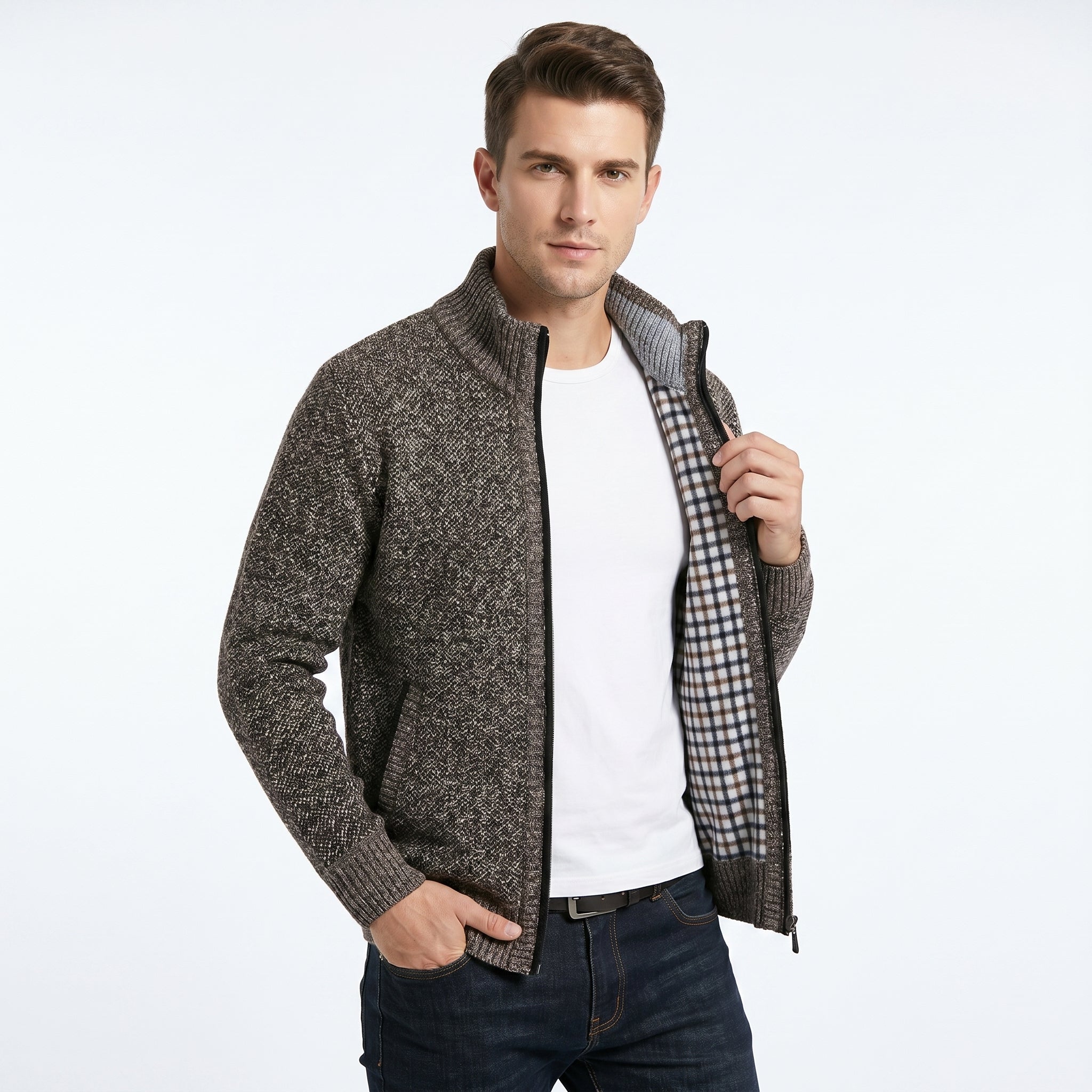 Men's Knitted Cardigan Sweater with Mock Neck – Full-Length Zip and Front Pockets - We are MFEO