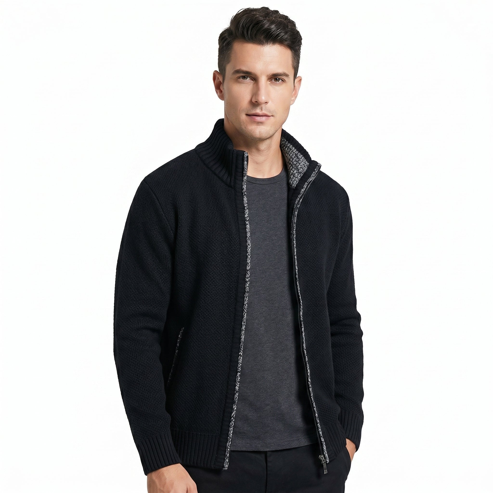 Men's Knitted Cardigan Sweater with Mock Neck – Full-Length Zip and Front Pockets - We are MFEO
