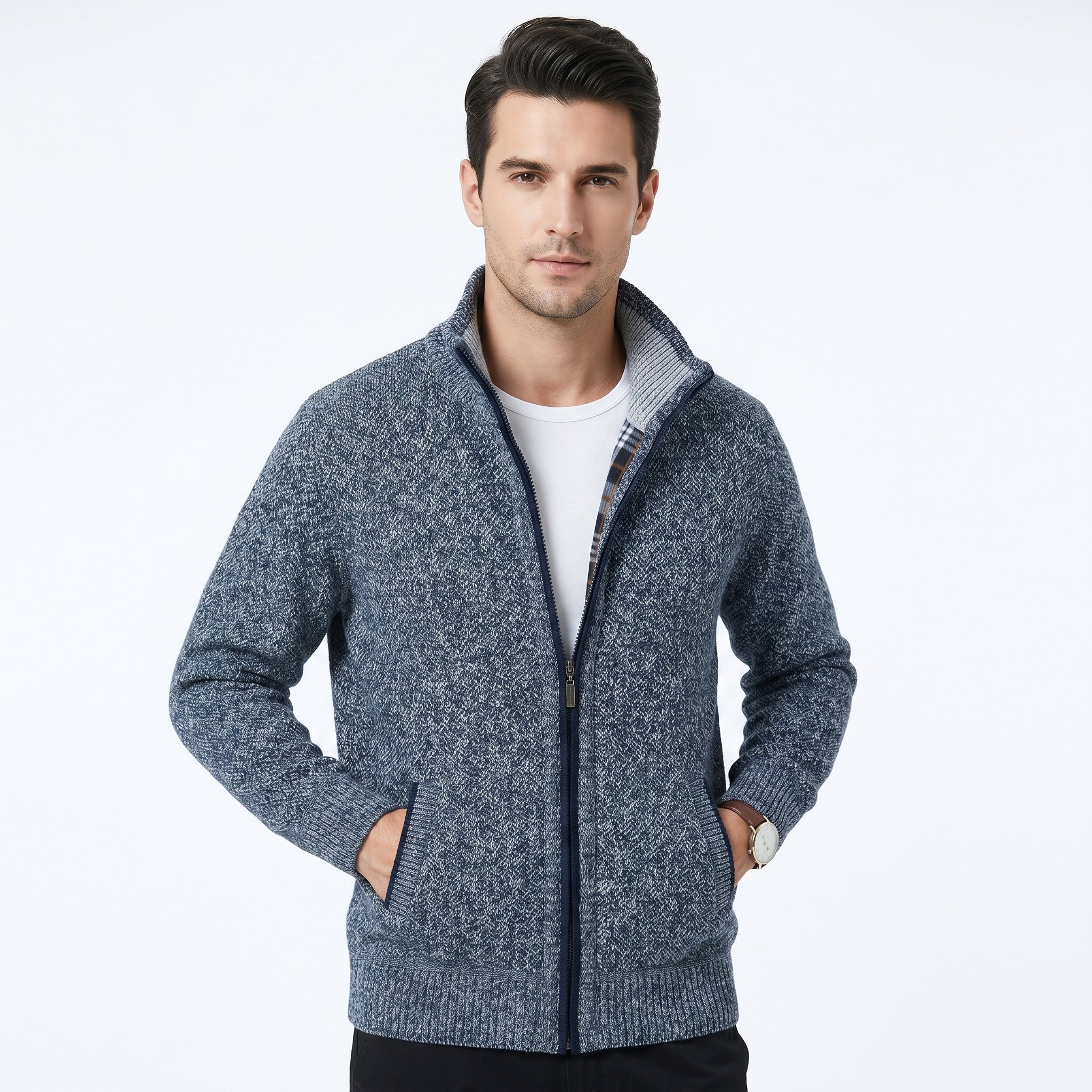Men's Knitted Cardigan Sweater with Mock Neck – Full-Length Zip and Front Pockets - We are MFEO