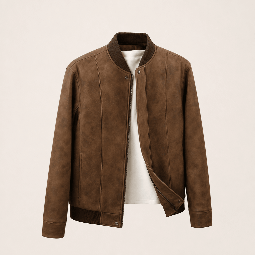 Men's Suede Bomber Jacket – Ribbed Collar, Vertical Panel Seaming - We are MFEO