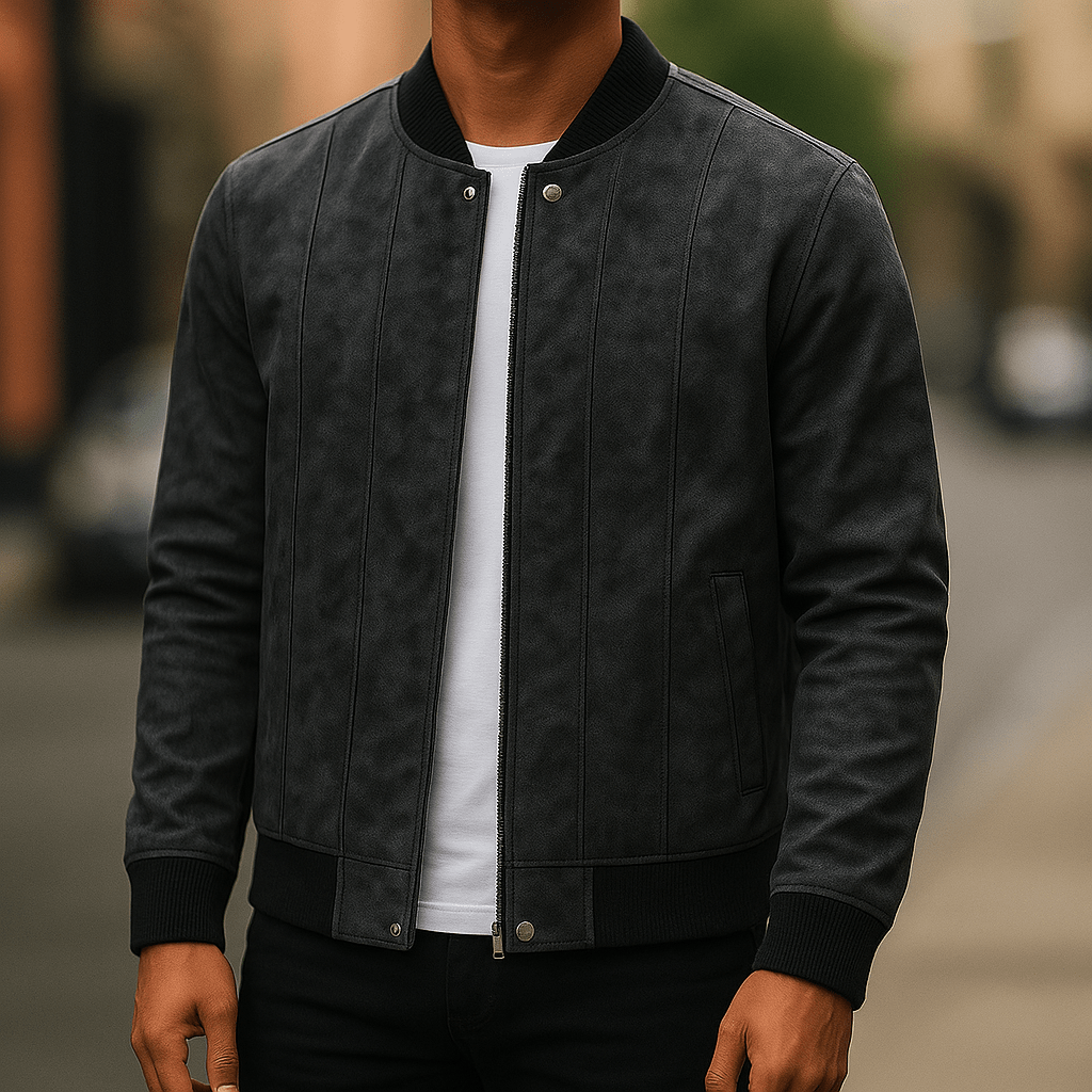 Men's Suede Bomber Jacket – Ribbed Collar, Vertical Panel Seaming - We are MFEO