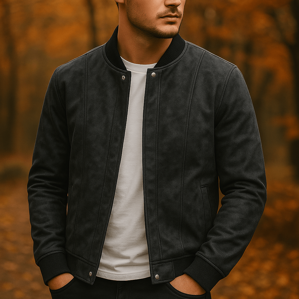 Men's Suede Bomber Jacket – Ribbed Collar, Vertical Panel Seaming - We are MFEO