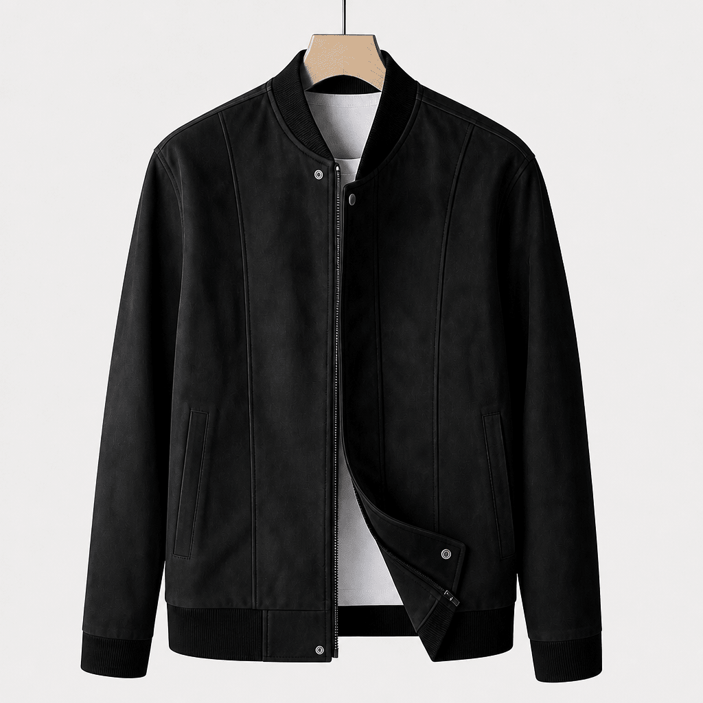 Men's Suede Bomber Jacket – Ribbed Collar, Vertical Panel Seaming - We are MFEO