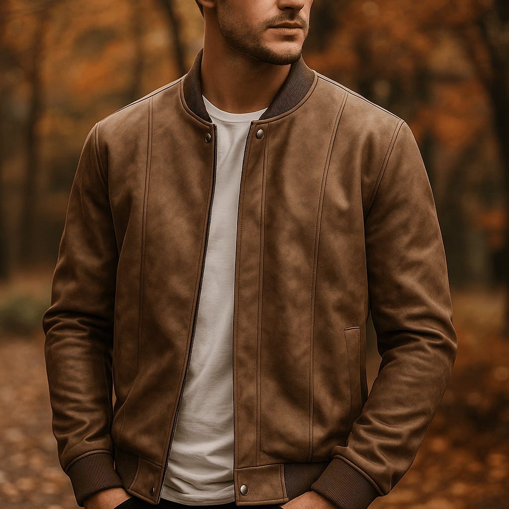 Men's Suede Bomber Jacket – Ribbed Collar, Vertical Panel Seaming - We are MFEO