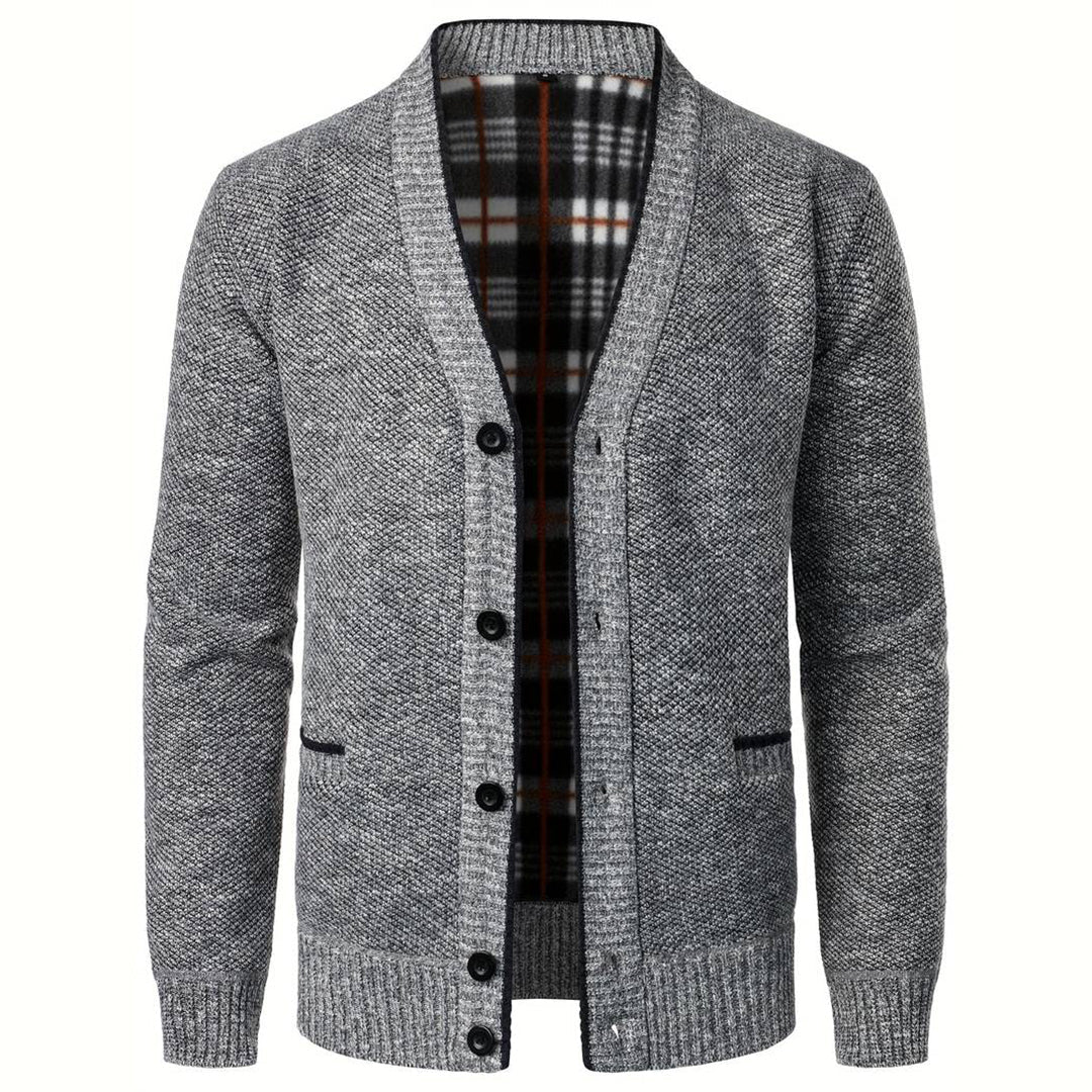 Men's V - Neck Cardigan with Plaid Lining – Button - Up with Side Pockets - We are MFEO