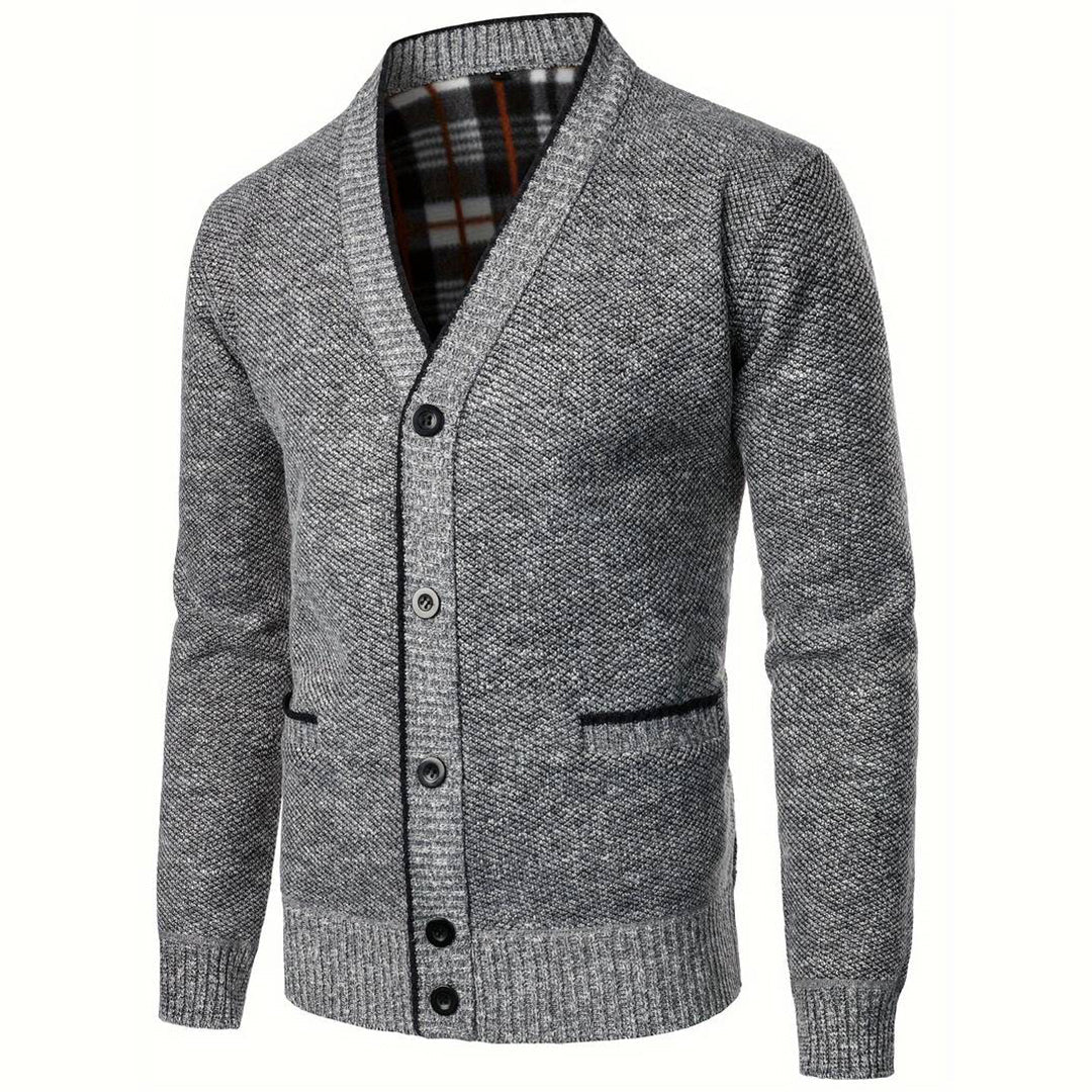 Men's V - Neck Cardigan with Plaid Lining – Button - Up with Side Pockets - We are MFEO