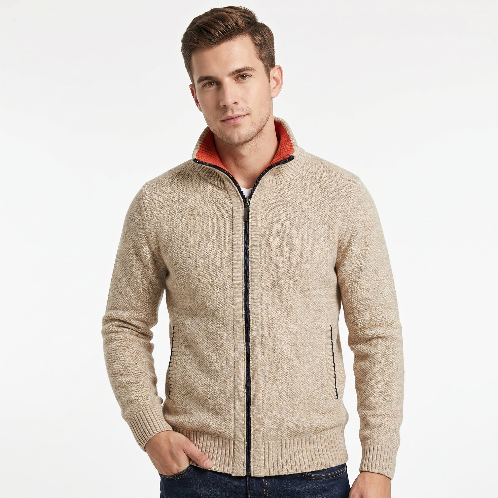 Men's Zip-Up Cardigan with Mock Neck – Knitted Texture and Contrast Trim - We are MFEO