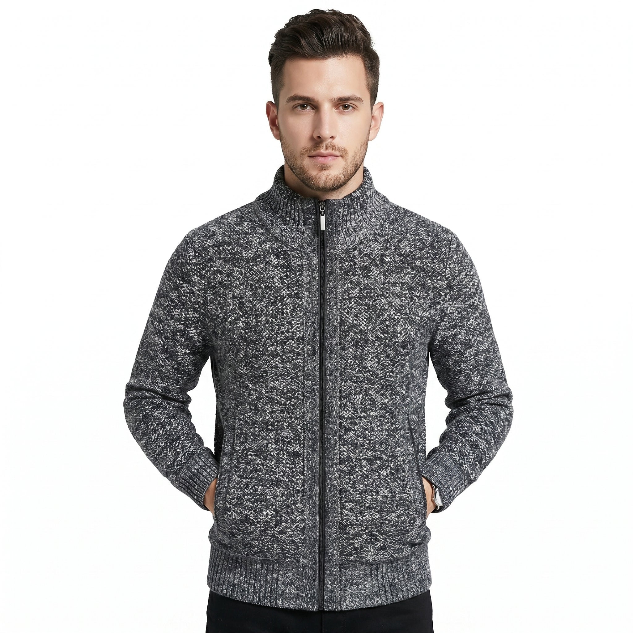 Men's Zip-Up Cardigan with Mock Neck – Knitted Texture and Contrast Trim - We are MFEO