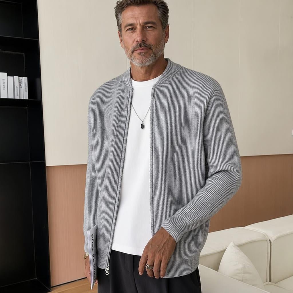 Men's Zip Up Ribbed Cardigan – Comfortable Relaxed Fit with Stand Collar - We are MFEO