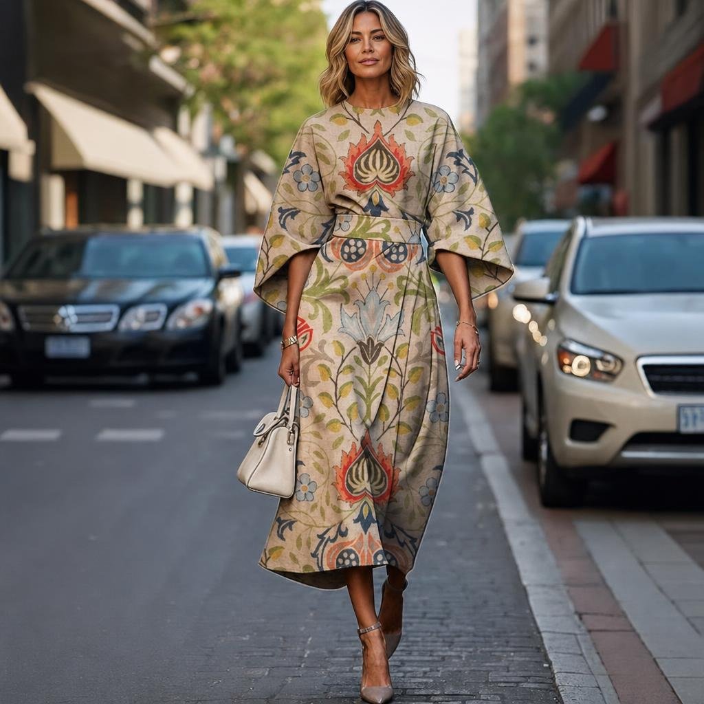 Midi Dress with Batwing Sleeves – Abstract Stripe Print - We are MFEO