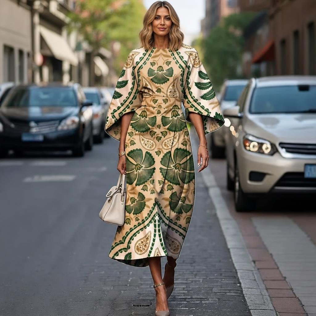 Midi Dress with Batwing Sleeves – Abstract Stripe Print - We are MFEO