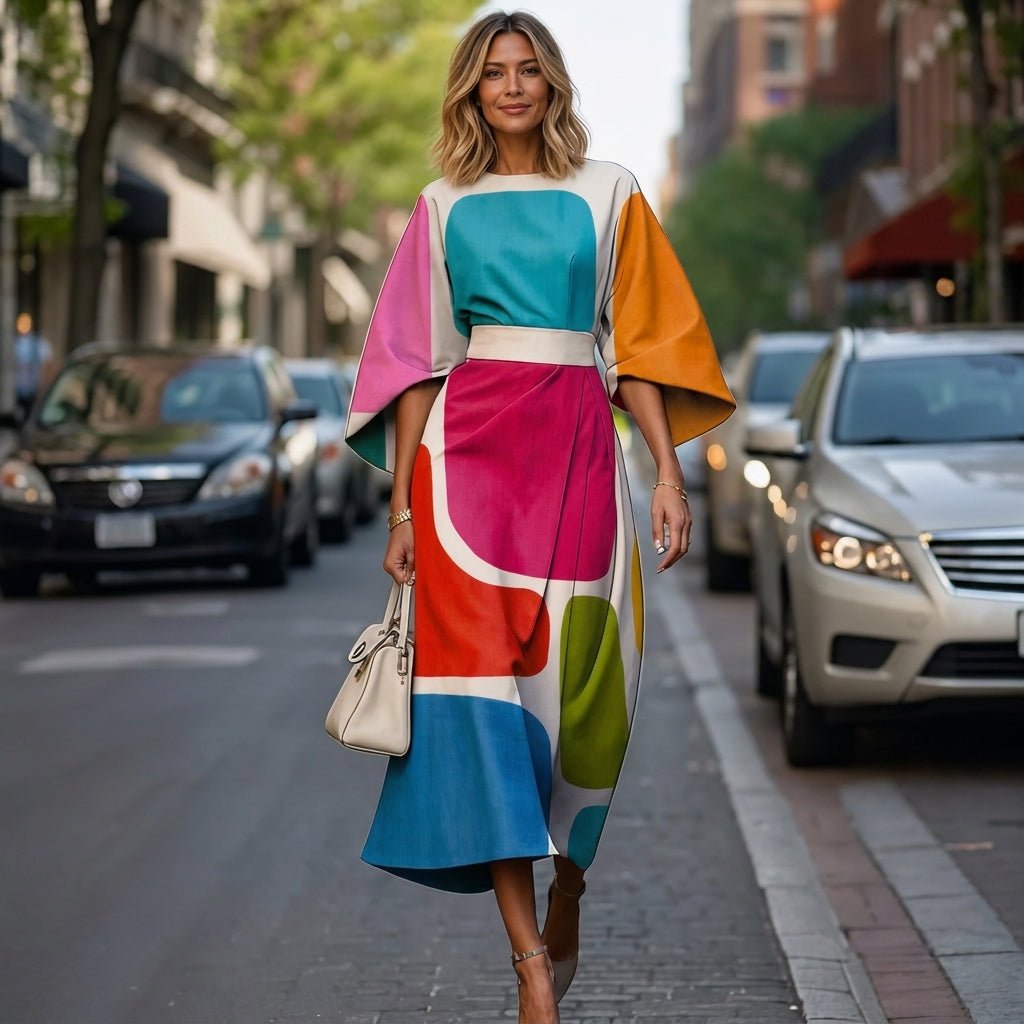 Midi Dress with Batwing Sleeves – Abstract Stripe Print - We are MFEO