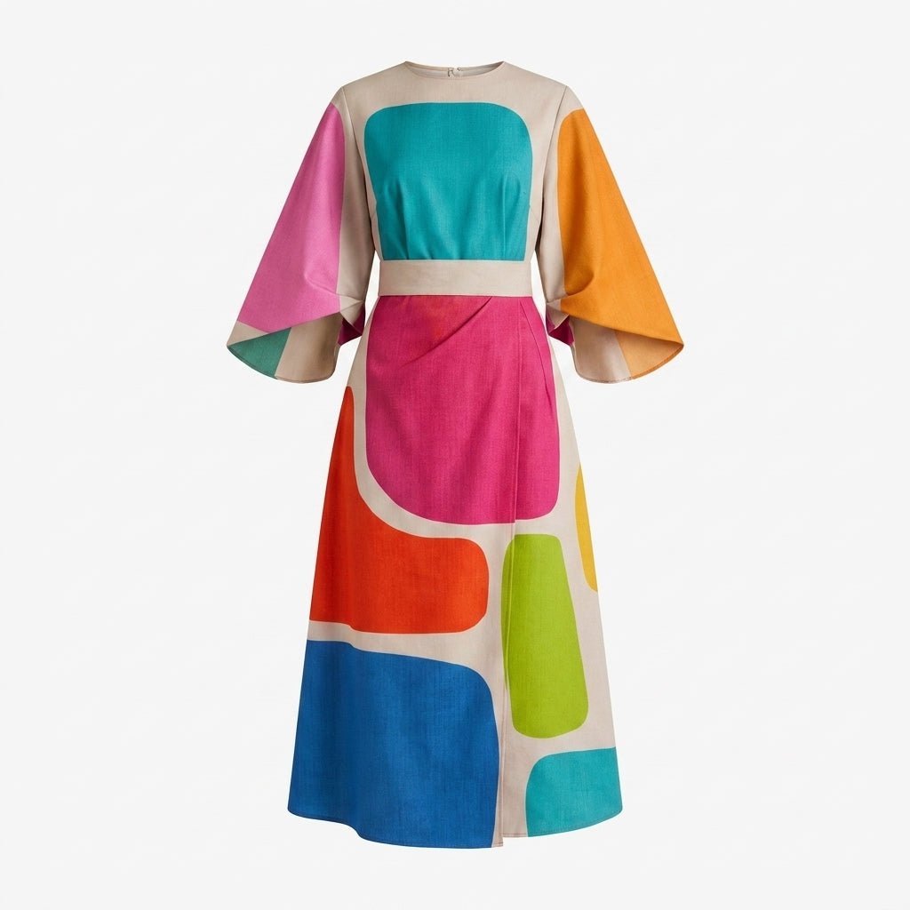 Midi Dress with Batwing Sleeves – Abstract Stripe Print - We are MFEO