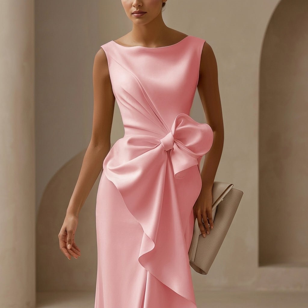 Midi Sheath Cocktail Dress with Bow – Sleeveless, High Waist, Front Slit for Parties - We are MFEO