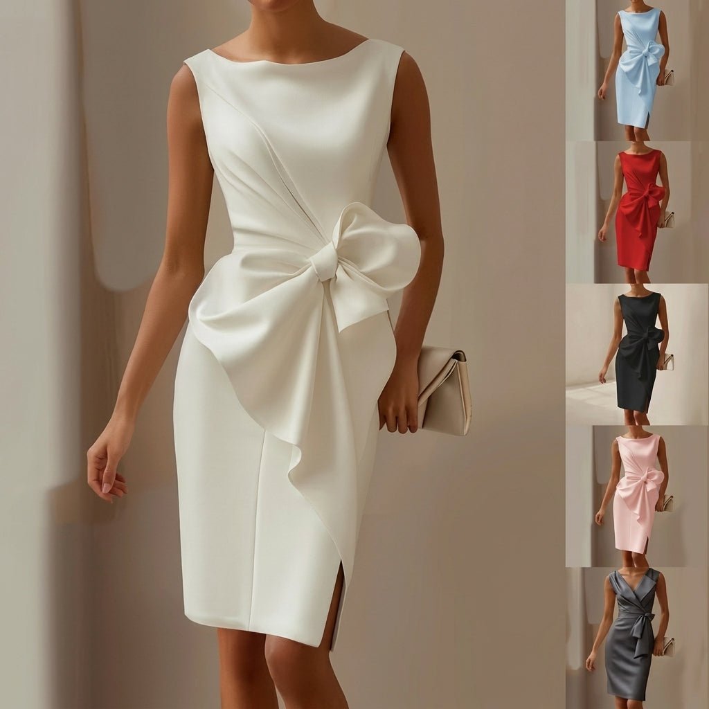 Midi Sheath Cocktail Dress with Bow – Sleeveless, High Waist, Front Slit for Parties - We are MFEO