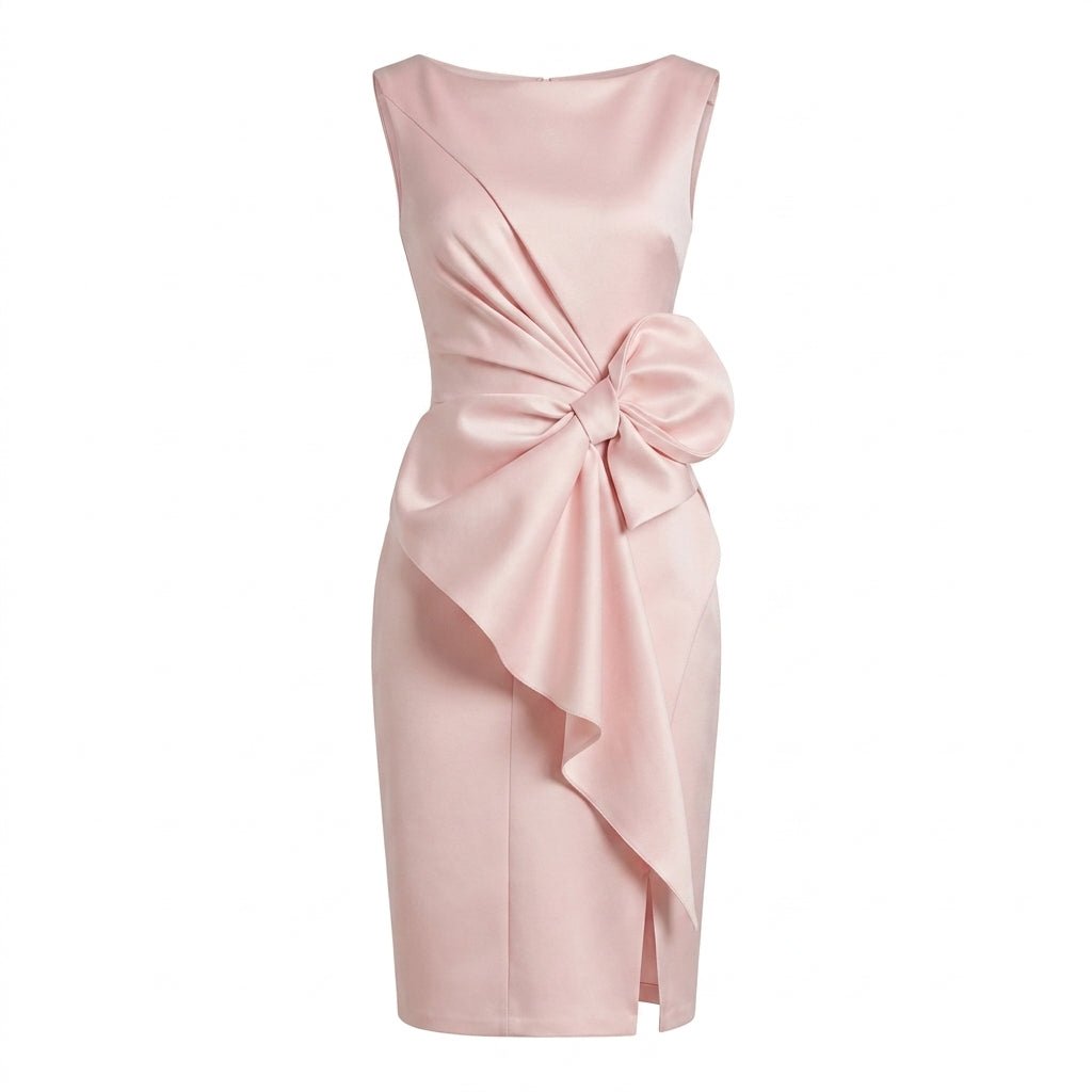Midi Sheath Cocktail Dress with Bow – Sleeveless, High Waist, Front Slit for Parties - We are MFEO