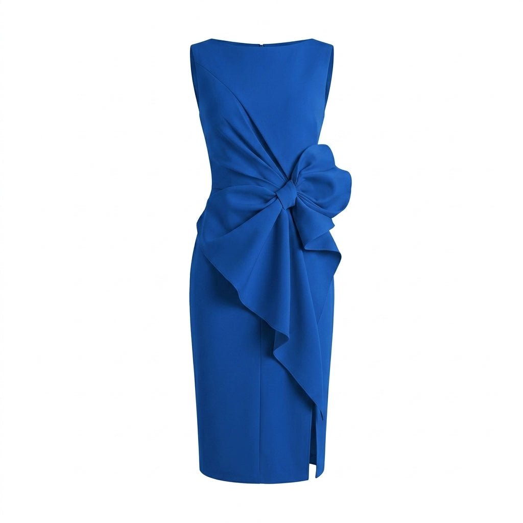 Midi Sheath Cocktail Dress with Bow – Sleeveless, High Waist, Front Slit for Parties - We are MFEO